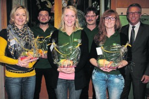 Erstmals ist eine Luftgewehrmannschaft der "Hubertus"-Schützen Wondreb in der Bezirksliga vertreten. In einer Aufstiegsfeier wurde dies besonders gewürdigt. Unser Bild zeigt von links, Daniela Döberl, Daniel Meisl, Claudia Döllinger, Vorsitzender Markus Forster, Melanie Bäuml und Bürgermeister Franz Stahl. Bild: kro