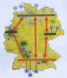 An dieser Karte von Amprion stoßen sich die CSU-Abgeordneten: Bisher war die Gleichstrompassage Süd-Ost gedacht, um Windenergie von Nord nach Süd und Solarenergie vom Süden in den Norden zu bringen. Neuerdings soll sie auch Strom aus Braunkohlekraftwerken Mitteldeutschlands (in der Grafik rechts) nach Bayern schaffen. Grafik: